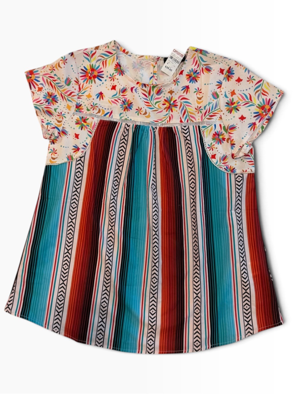 Boho Floral & Stripe Short-Sleeve Women’s Blouse - Multicolor